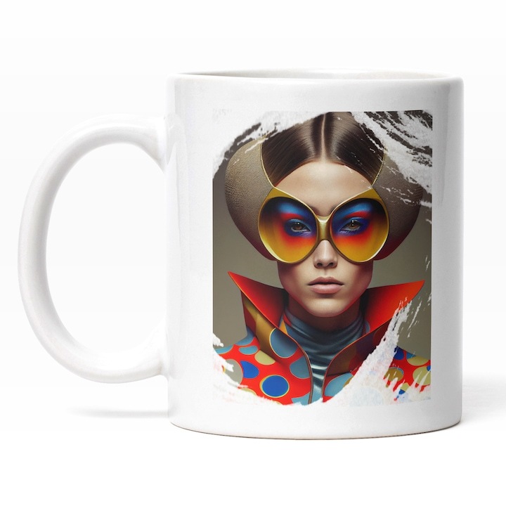 Cana alba personalizata, Portret Fata Pictura Stearsa Ochelarii De Soare Colorati Bizari, Par Blond, Tinuta Colorata Cu Guler Inalt, Carnaval Multicolor, INOVATIX®. 330ml