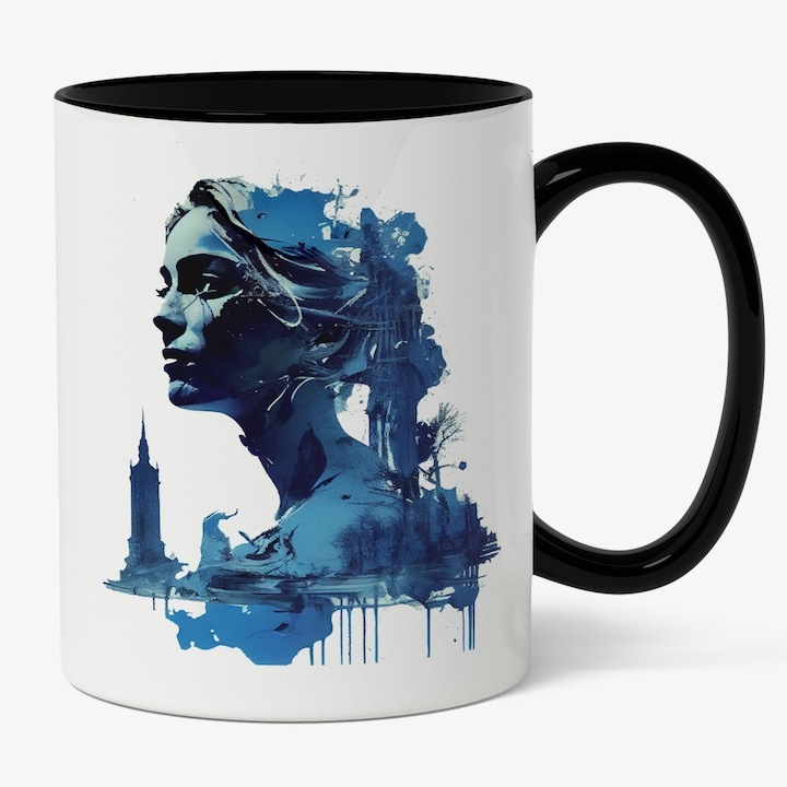 Cana alba personalizata, Portret Stil Fata Invingatoare Inghetat, Turn Inalt, Minte Luminata, Maner Negru, INOVATIX®. 330ml