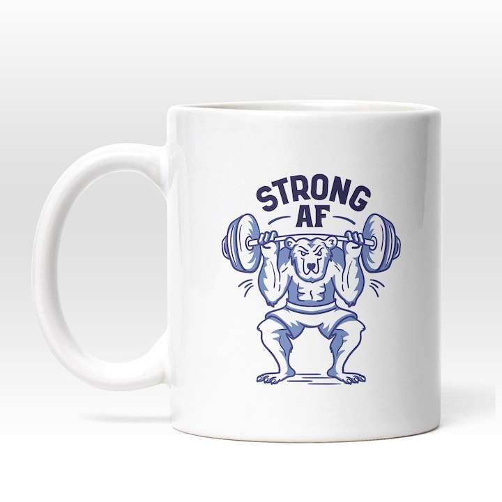 Cana alba personalizata, Urs Cu Patratele Care Ridica Greutati, Mesaj In Engleza Strong AF, Fitness, Gym, Sportivi, Albastru, INOVATIX®. 330ml