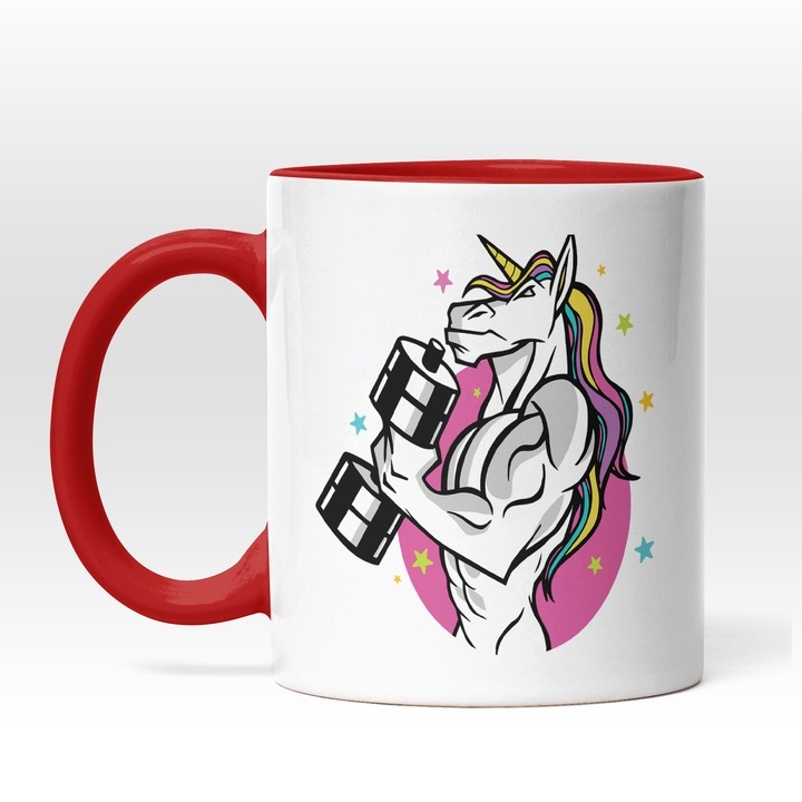 Személyre szabott fehér bögre, Színes unikornis az edzőteremben, Nehéz súlyzók emelése, Edzőterem, Ajándék sport szerelmeseinek, Piros fogantyú, INOVATIX®. 330ml