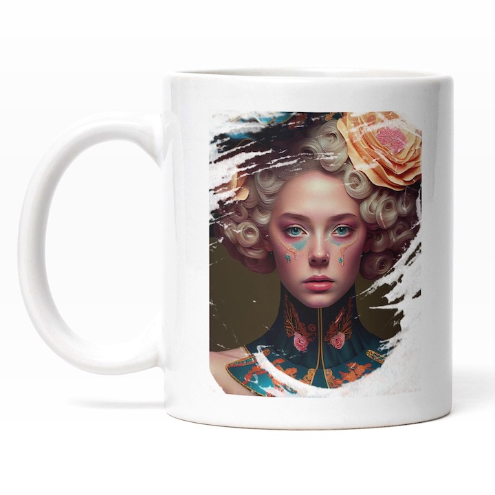 Cana alba personalizata, Portret Fata Par Blond, Tinuta Cu Guler Albastru Inalt, Floare Galbena In Par, INOVATIX®. 330ml