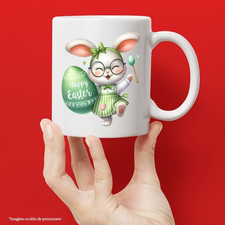 Cana alba personalizata, o iepuroaica in rochita, ilustratie, funda, verde, Paste fericit, inimioare, sarbatori pascale, bucurie, INOVATIX®. 330ml