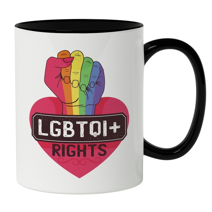 Cana alba personalizata, Mana Oumn Strans LGBTQI+, Mesaj In Engleza Rights, Iubitorii De Diversitate, Maner Negru, INOVATIX®. 330ml