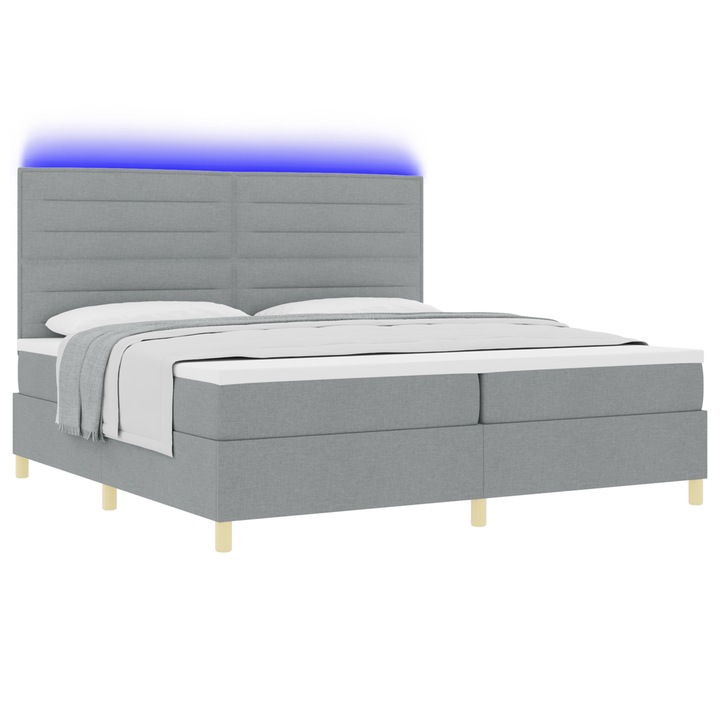 vidaXL Boxspring Ágy Matraccal és LED Fénnyel Világosszürke 200x200 cm Szövet 3343047