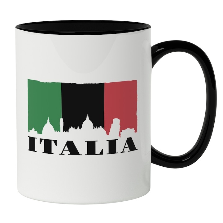 Cana alba personalizata, Steag Drapel Italia, Forma Cladiri Inalte, Roma, Iubitorii De Calatorie, Maner Negru, INOVATIX®. 330ml