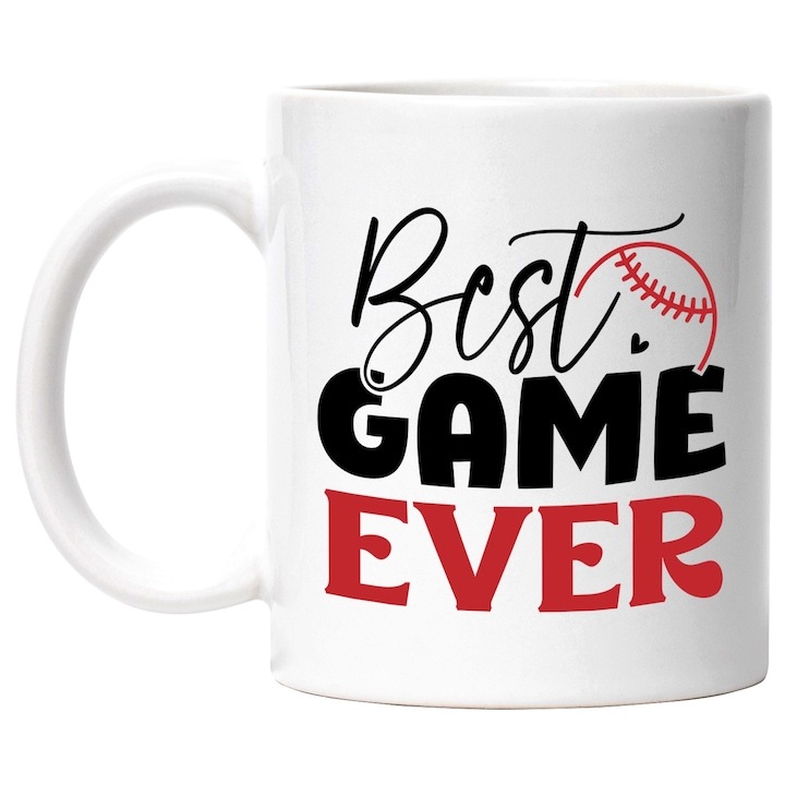 Cana alba personalizata, minge de baseball si mesajul Best game ever - cel mai bun joc dintotdeauna, INOVATIX®. 330ml