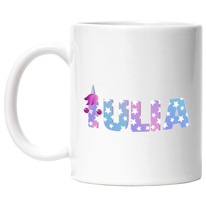 Személyre szabott fehér bögre, Név: Júlia, Unikornis, Hercegnő, Mese, Aranyos, INOVATIX®. 330ml