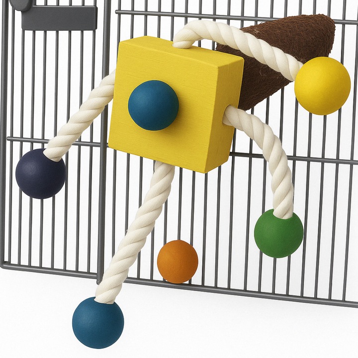 Jucarie din lemn cu roata rotativa pentru papagali, Parrot Planet, 34 cm, multicolor