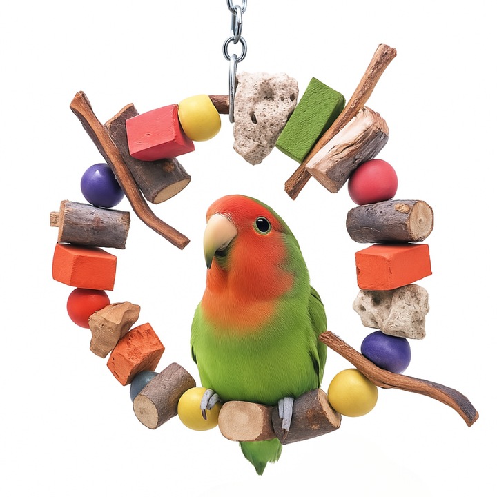 Inel din lemn cu pietre vulcanice pentru papagali mici si medii, Parrot Planet, diametru 20cm