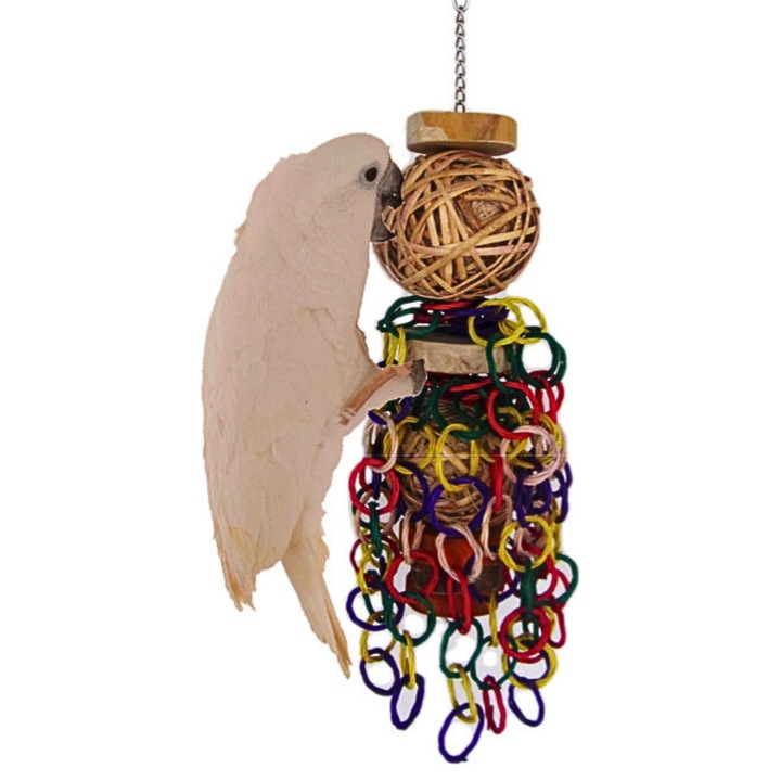 Jucarie pentru pasari, Parrot Planet, Multicolor, Ratan/Lemn