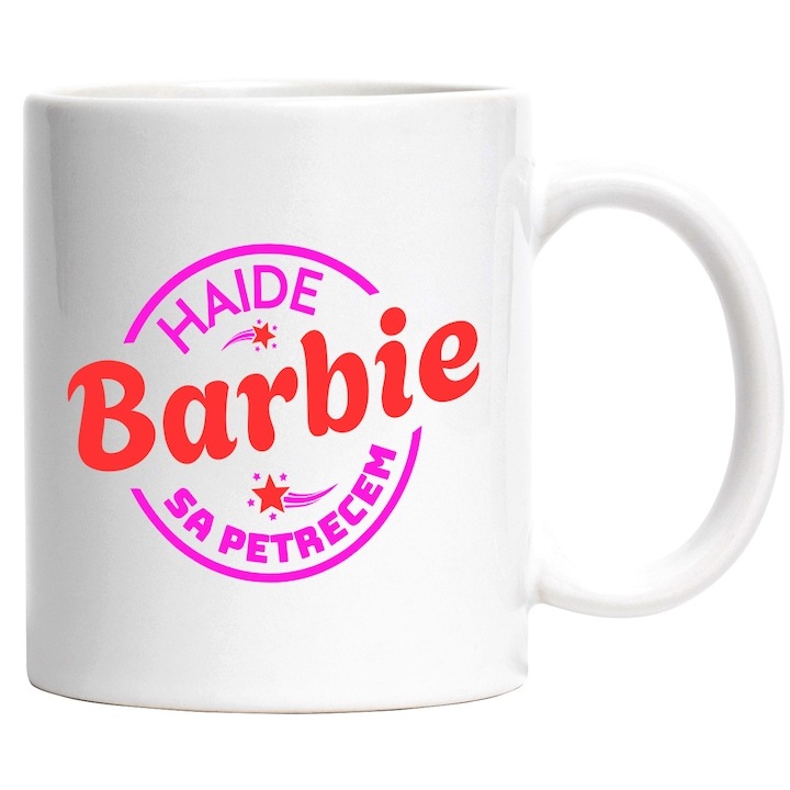 Cana alba personalizata, Design Cerc Papusa Haide Barbie Sa Petrecem Copii Distractie, INOVATIX®. 330ml