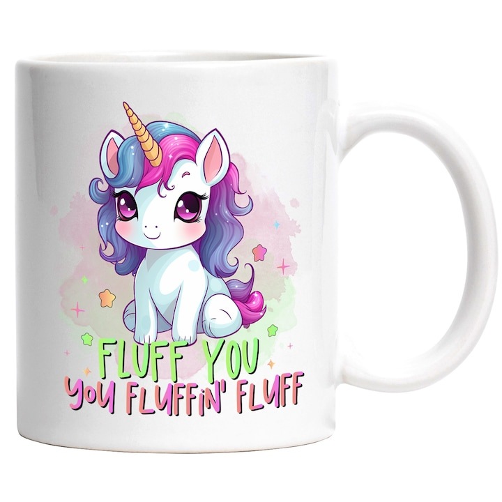 Személyre szabott fehér bögre, unikornis Pihe-pisze, te pihe-pisze, mese, illusztráció, pihe, rózsaszín háttér, csillagok, vidám, öröm, INOVATIX®. 330ml