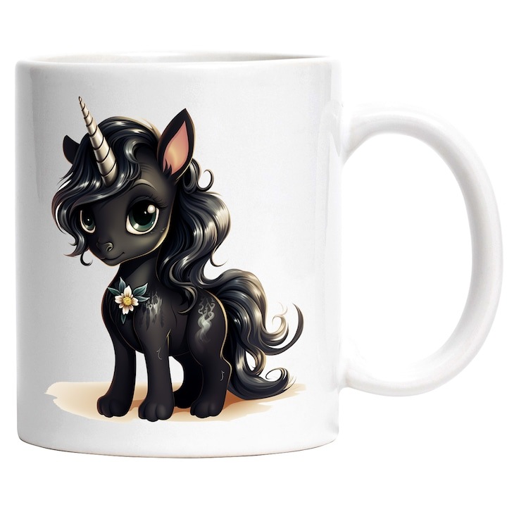 Személyre szabott fehér bögre, fekete unikornis, virág, mese, illusztráció, hosszú haj, hosszú sörény, mosoly, átható tekintet, INOVATIX®. 330ml