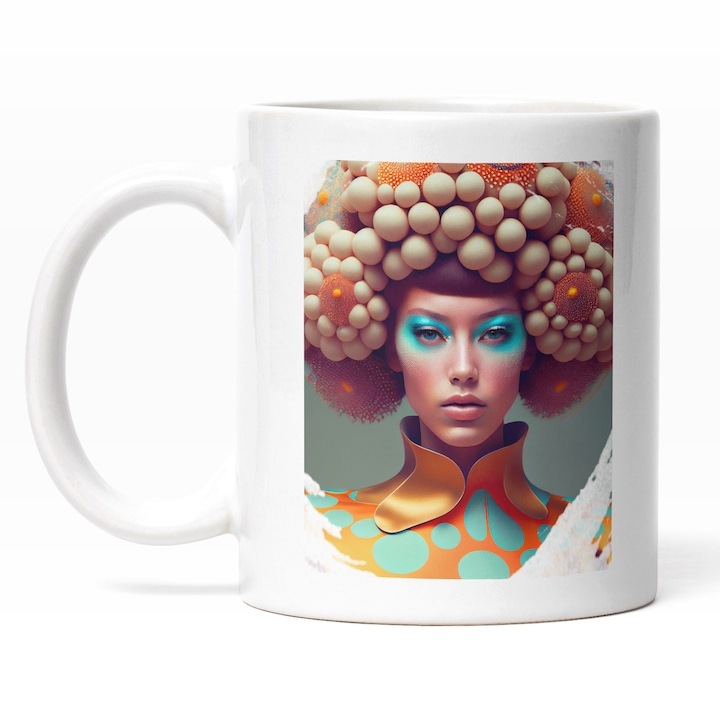 Cana alba personalizata, Portret Fata Par Imens Cu Margele, Par Mov, Tinuta Bizara Cu Guler Inalt, Make Up Albastru, INOVATIX®. 330ml