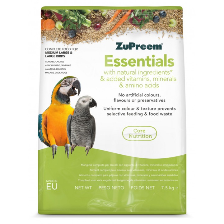 Granulat pentru pasari, ZuPreem Essentials, 7.5 kg, dieta completa, vitamine, minerale, pentru pasari medii, mari
