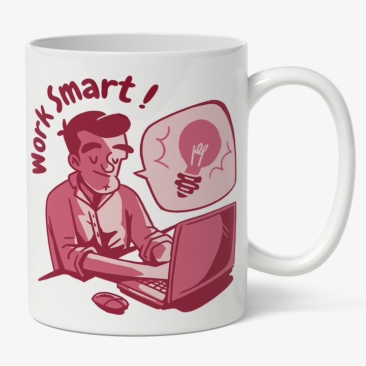 Cana alba personalizata, Om Stand La Birou La Laptop, In Engleza Work Smart, Inteligenta Artificiala, Beculet Aprins, INOVATIX®. 330ml