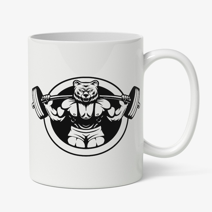 Cana alba personalizata, Urs Cu Patratele Care Ridica Greutati, Fitness, Gym, Sportivi, Alb Negru, INOVATIX®. 330ml