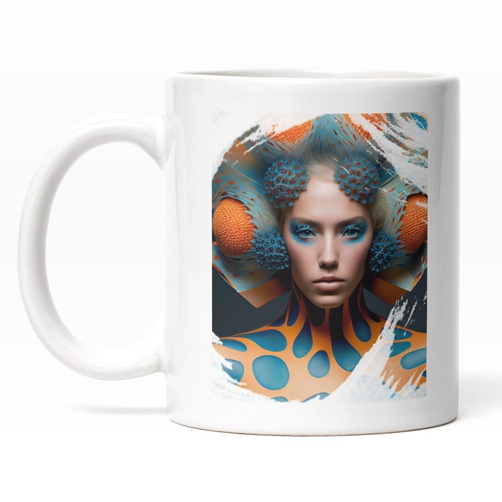 Cana alba personalizata, Portret Fata Pictura Stearsa Bizar, Palarie Bizara, Tinuta Colorata Cu Guler Inalt, Carnaval Multicolor, INOVATIX®. 330ml