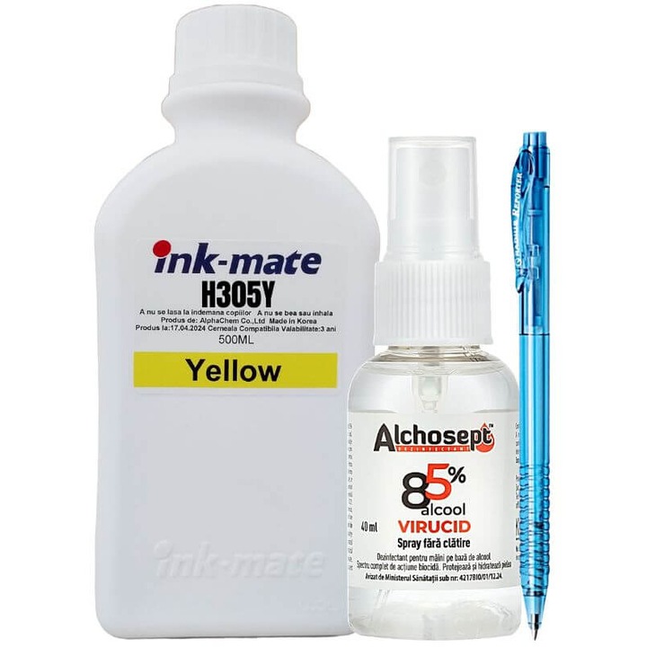 Set Flacon Cerneala Ink-Mate Compatibil HP305, 1x500ml 3YM60AE Yellow, Dezinfectant ALCHOSEPT 40 ml si Pix Radius