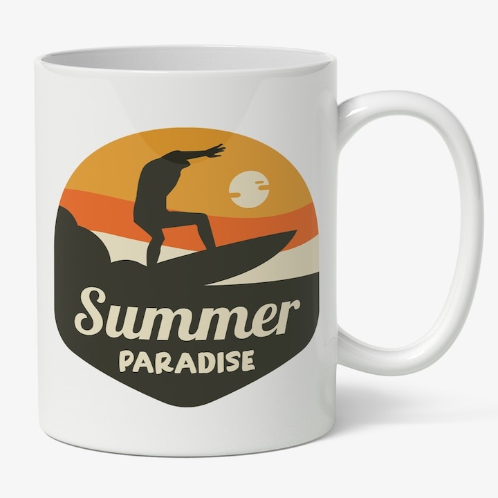 Cana alba personalizata, Silueta Pe Placa De Surf, Apus De Soare, Valurile Inalte Ale marii, Summer Paradise, INOVATIX®. 330ml