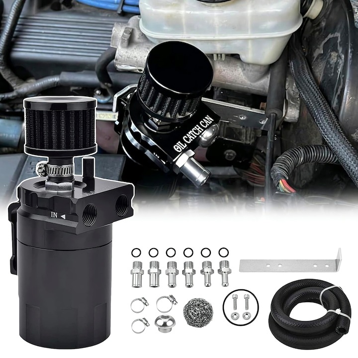 Set separator ulei 300ml, aluminiu negru, echipat cu filtru de aer, accesorii complete pentru reparatii auto