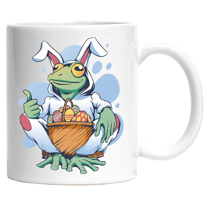 Cana alba personalizata, Broasca, Costum, Iepure, Paste, Sarbatori Pascale, Cos, Oua, INOVATIX®. 330ml