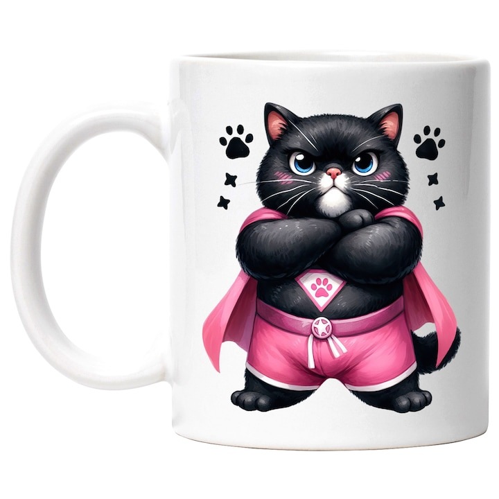 Cana alba personalizata, o pisica neagra in costum de eroina, ilustratie, roz, labute, stelute, salveaza, INOVATIX®. 330ml