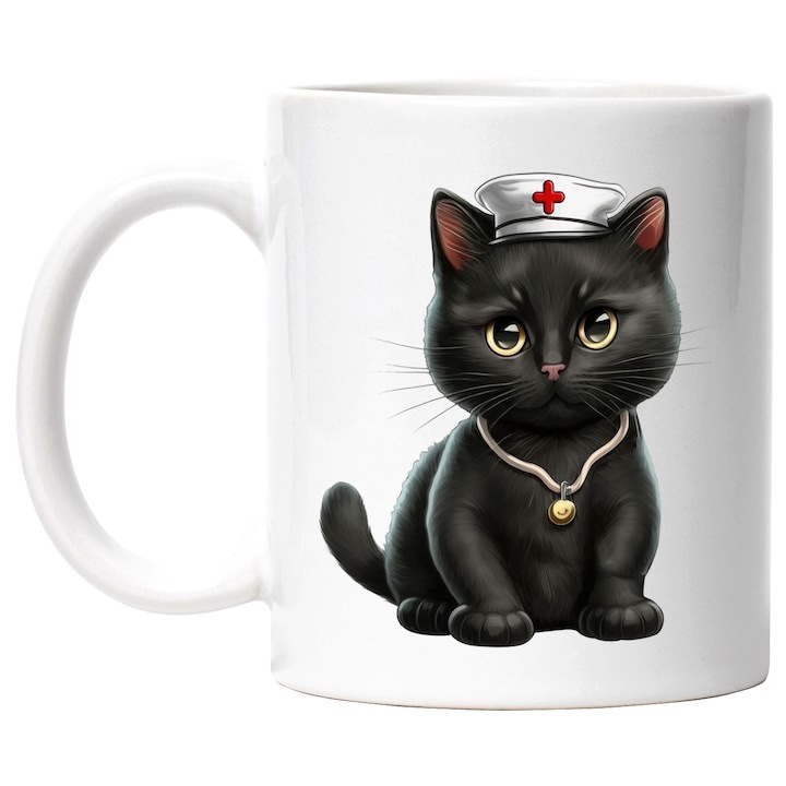 Cana alba personalizata, o pisicuta cu boneta medicala, asistenta, ilustratie, neagra, trista, INOVATIX®. 330ml