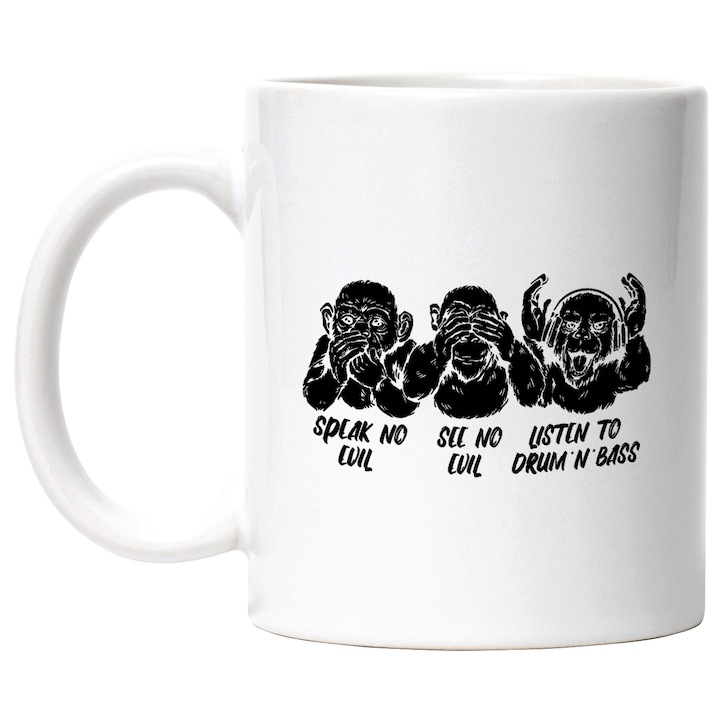 Cana alba personalizata, Speak No Evil See No Evil Listen To Drum'N'Bas, Trei Maimute Emoji, In Engleza, Iubitorii De Muzica, Negru, INOVATIX®. 330ml