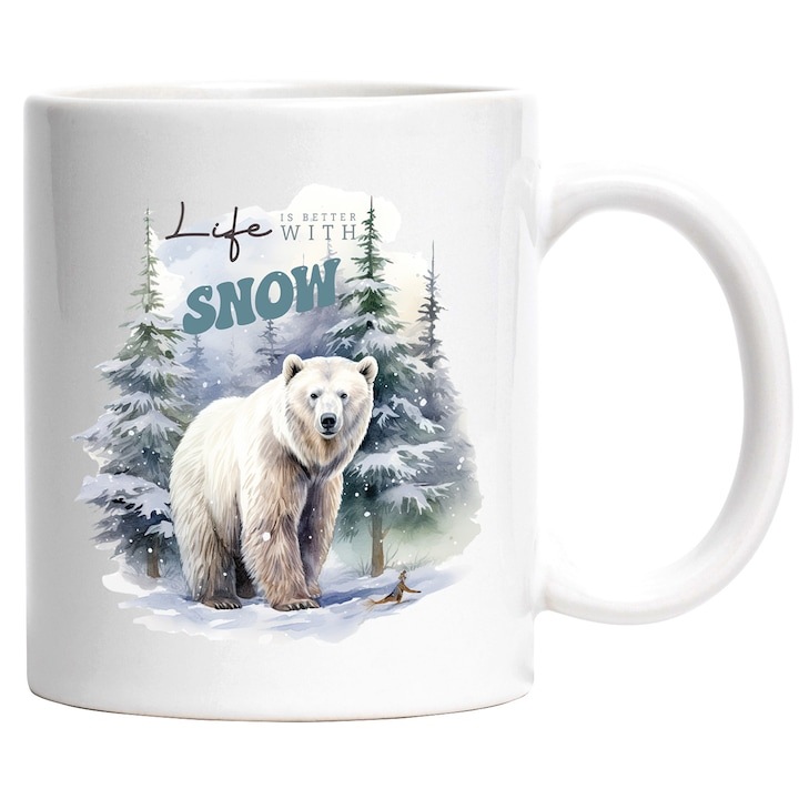 Személyre szabott fehér bögre, jegesmedve. Az élet jobb hóval, az élet jobb hóval, Boldog karácsonyt, illusztráció, tél, hó, fenyők, INOVATIX®. 330ml