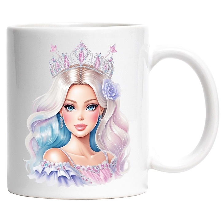 Cana alba personalizata, o fata frumusica, ilustratie, Barbie, coroana, printesa, rochie, blonda, portret, vesela, machiata, INOVATIX®. 330ml