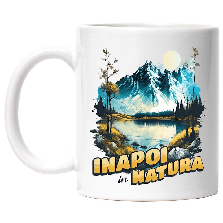 Cana alba personalizata, Munte Inalt Luna Plina Lac Stralucitor Inapoi Natura, Aventura, Hobby, INOVATIX®. 330ml