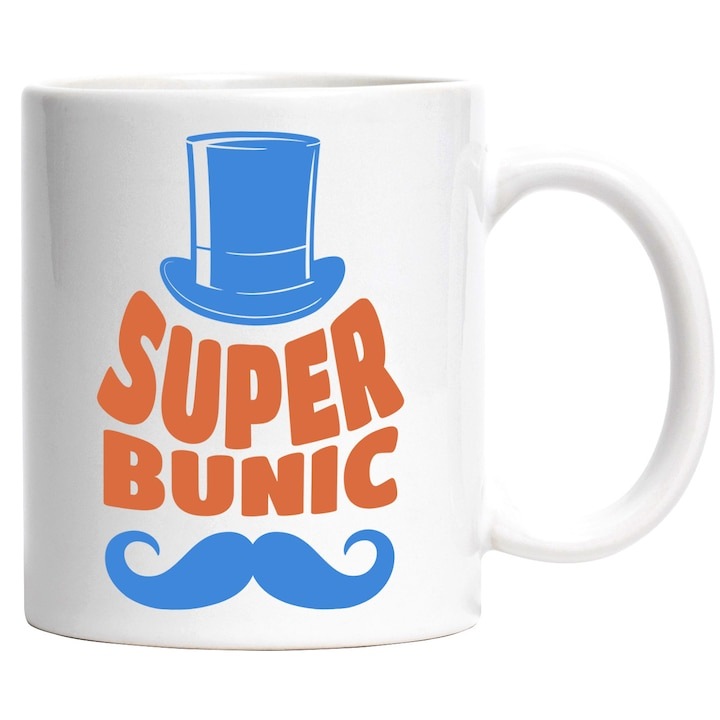 Cana alba personalizata, Mustata Si Palarie Inalta Super Bunic Copii Nepot Familie, INOVATIX®. 330ml