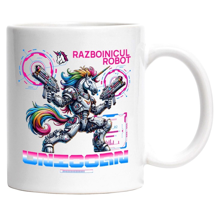 Személyre szabott fehér bögre, Robot Unikornis fegyverekkel, Többszínű sörényű Unikornis harcos, INOVATIX®. 330ml