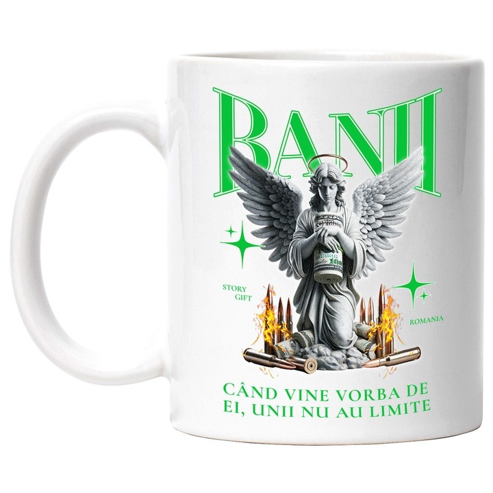 Cana alba personalizata, Statuie cu bancnote Banii, Mesaj Cand Vine vorba de ei unii nu au limite, INOVATIX®. 330ml