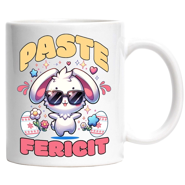 Cana alba personalizata, Iepure Cool Alb Cu Ochelari De Soare oua Colorate Paste fericit, Flori Colorate, INOVATIX®. 330ml