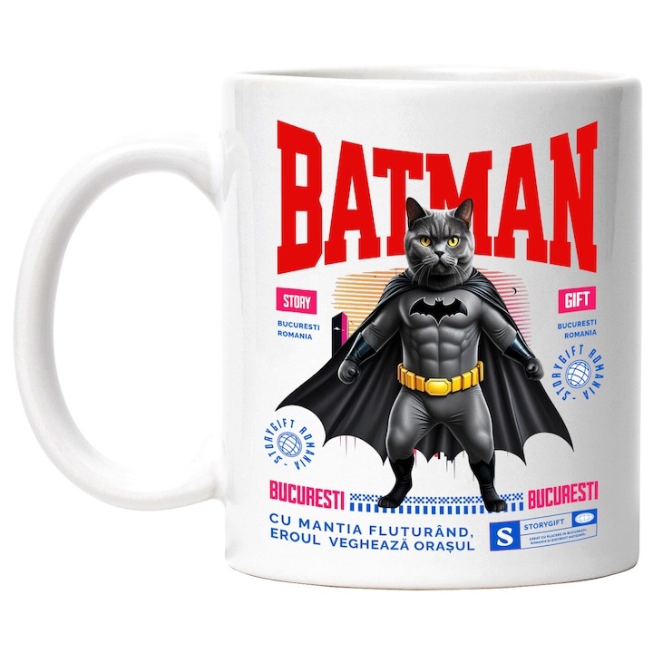 Cana alba personalizata, British Shorthair Pisica In Costum de BatMan cu Pelerina, Erou Nocturn, Desene animate, Copii, Iubitorii de Animale, INOVATIX®. 330ml