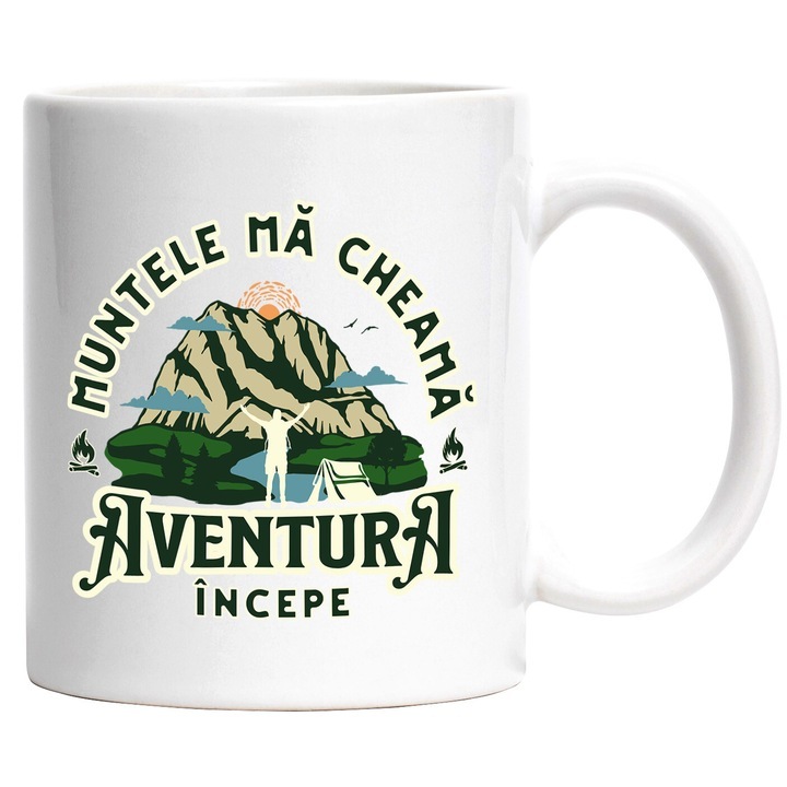 Cana alba personalizata, Munte Inalt Silueta barbat Cu Cortul Muntele ma Cheama Aventura Incepe, INOVATIX®. 330ml