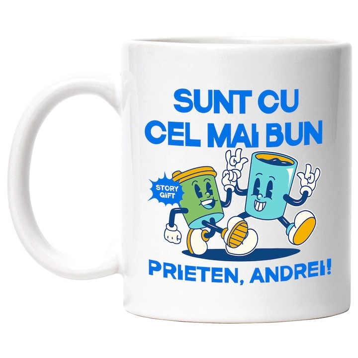 Cana alba personalizata, Pahar De Cafea Si Pahar De Apa Cei Mai Buni Prieteni Andrei, Distractie, Bauturi, INOVATIX®. 330ml