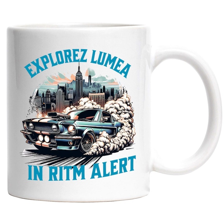 Cana alba personalizata, Masina Viteza Tunata Vintige Albastra Oras Cu Cladiri Inalte Explorez Lumea In Ritm Alert, INOVATIX®. 330ml