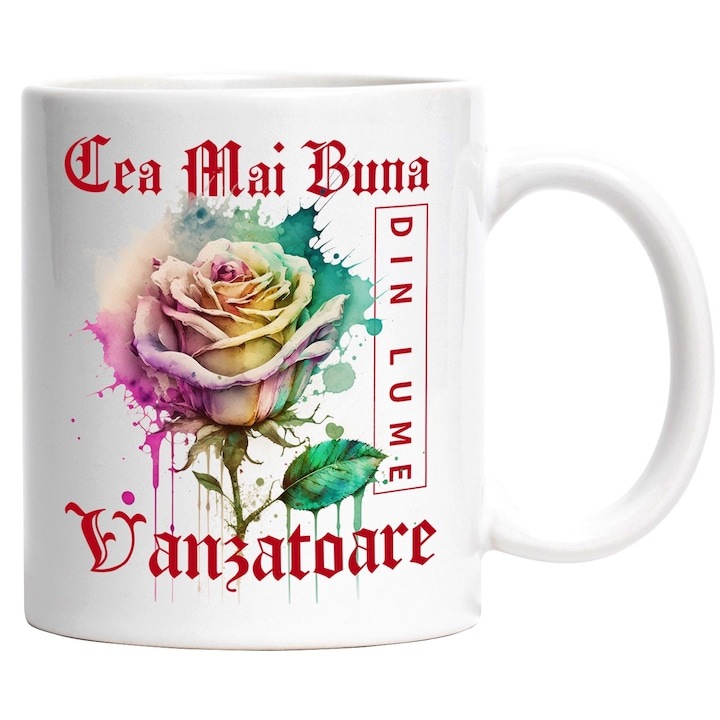 Cana alba personalizata, ul Cea Mai Buna Vanzatoare, Din Lume, Floare, Trandafir Colorat, Watercolor, Pictura pe Apa, Design, INOVATIX®. 330ml