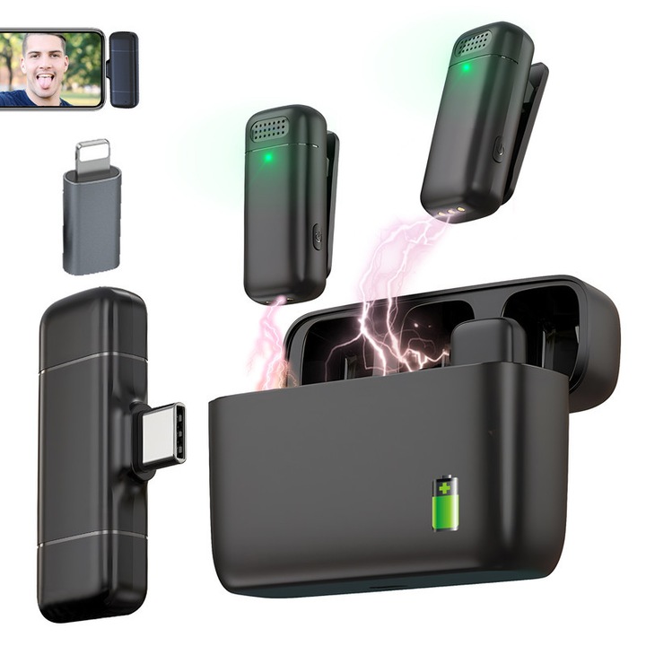 Vezeték nélküli lavalier mikrofon, LUCKIER, AI zajszűrés, 2 adó, töltőtok, Plug And Play, 24 óra működés egyetlen töltéssel, fekete