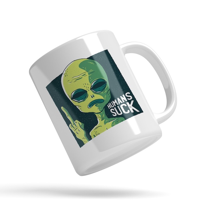 Cana alba personalizata, Extraterestru Albastru Aratand Semn Obscen, In Engleza, Univers Infinit, Creatura Necunoscuta, INOVATIX®. 330ml