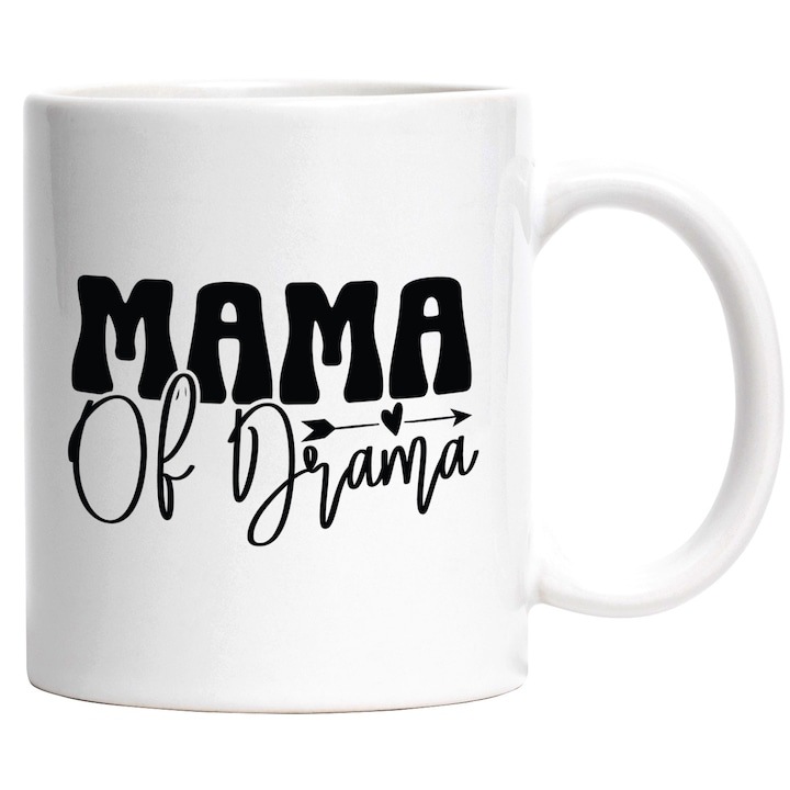 Персонализирана бяла чаша, сърце и думата Mama of drama - mama dramaei, INOVATIX®. 330 мл