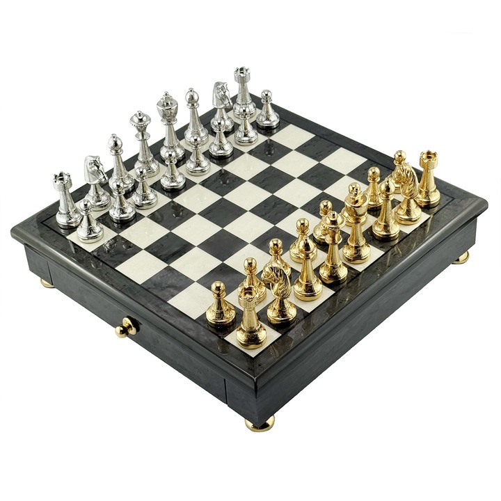 Шахматен комплект Italfama Staunton 33x33см, цинк с 24-каратово злато и 925 сребро, височина на царя 7,5 см, произведен в Италия