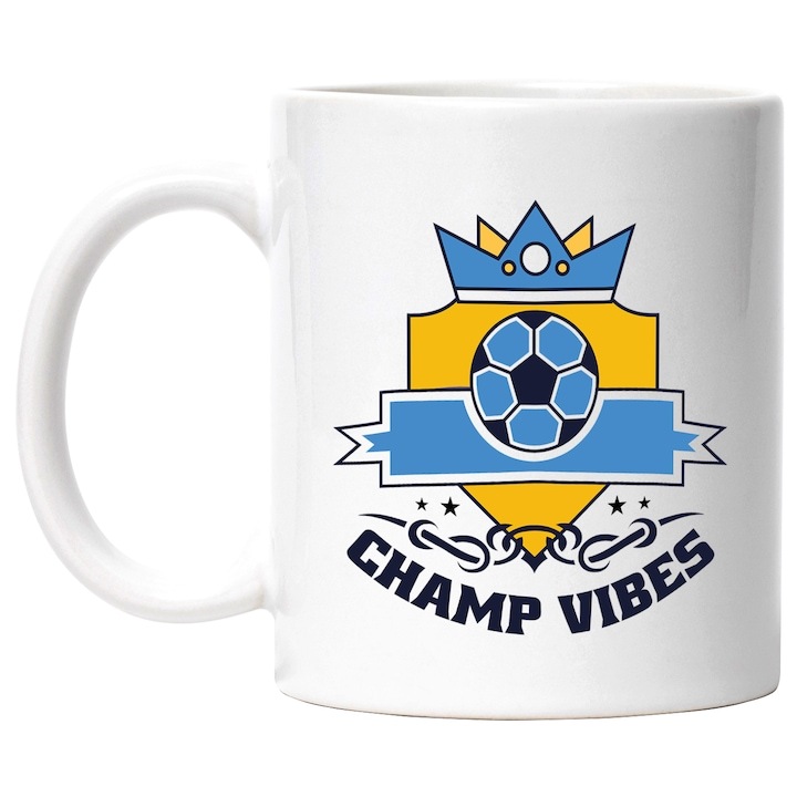 Cana alba personalizata, Mesaj In Engleza Champ Vibes, Football, Emblema, Coroana, INOVATIX®. 330ml