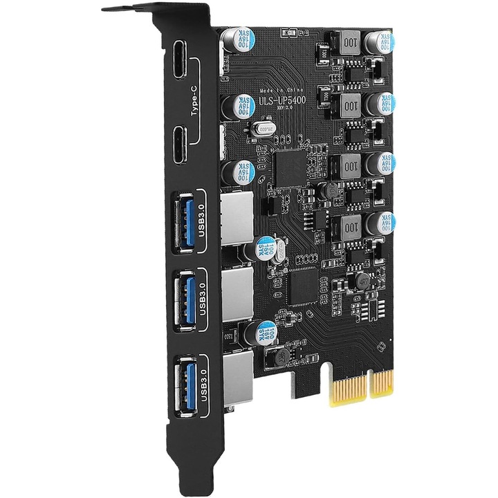 Разширителна карта Wacorresi PCIe към USB, 3xUSB-A, 2xUSB-C, матово черна