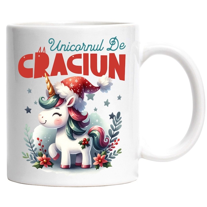 Személyre szabott fehér bögre, Rózsaszín Vidám Unikornis Mikulás Sapkával Karácsonyi Unikornis, INOVATIX®. 330ml