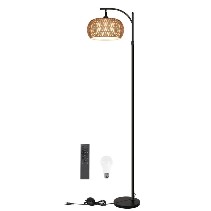 Lampa de podea 3 in 1, cu abajur din ratan, inaltime ajustabila 175 cm, control prin telecomanda si pedala, 3 temperaturi de culoare, bej/negru