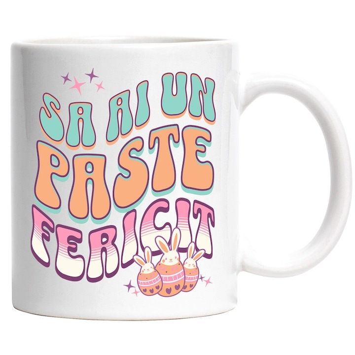 Cana alba personalizata, Oua Colorate Cu Iepuri Albi, design Multicolor Sa Ai Un Paste fericit. Sarbatori, INOVATIX®. 330ml